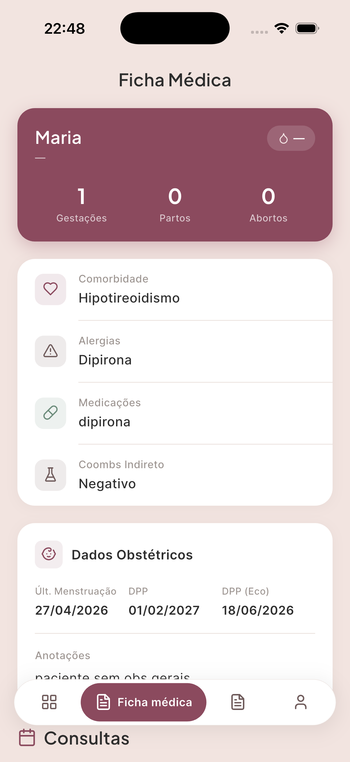 Ficha médica compartilhada com a obstetra