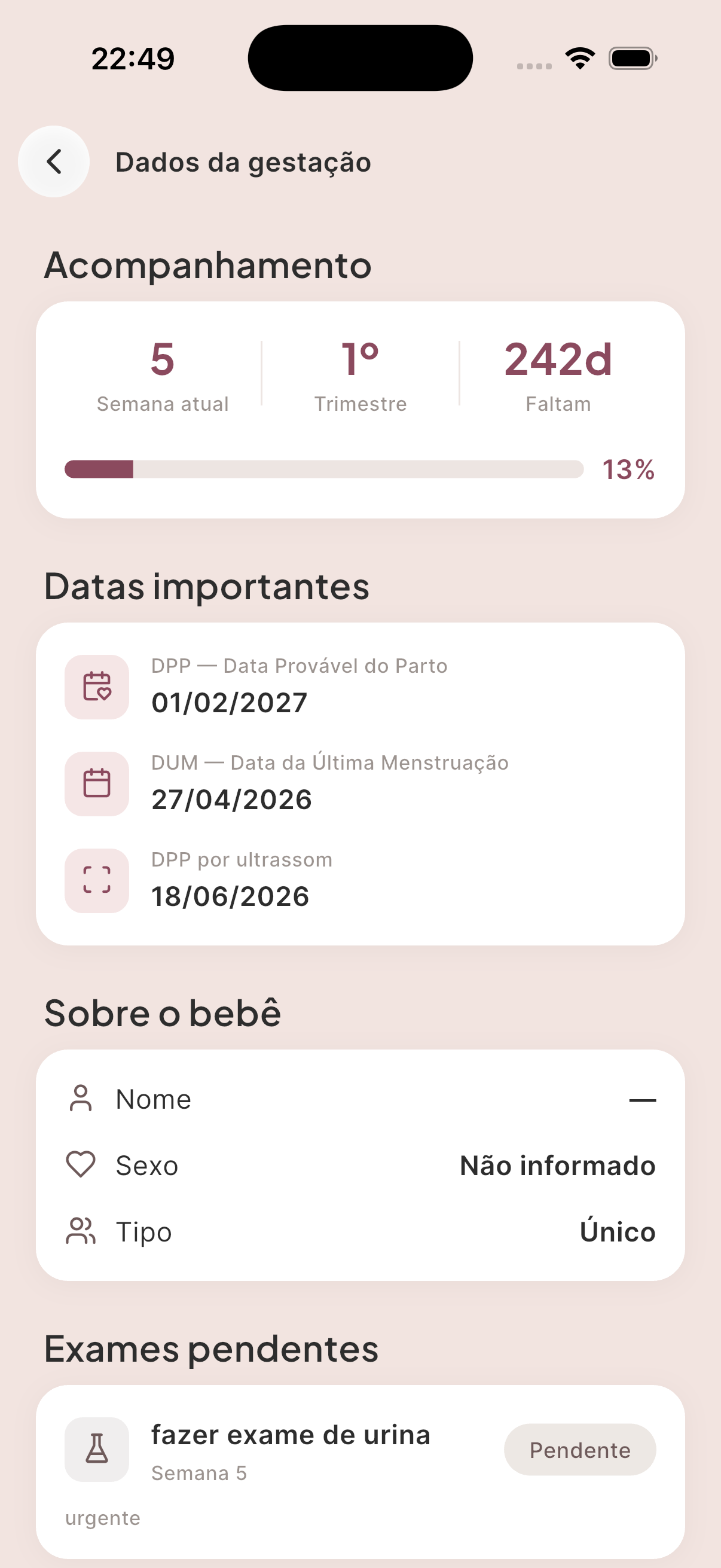 Dados da gestação: DPP, DUM e exames pendentes