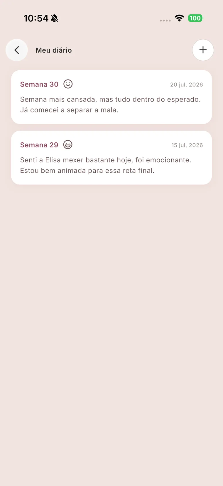 Memórias da gestação com entradas semanais, registro de humor e anotações pessoais da gestante