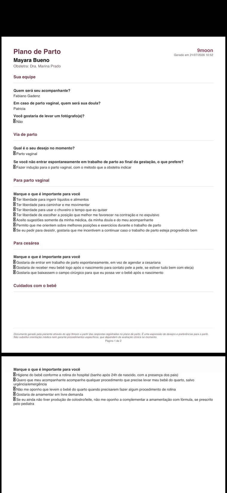 PDF nominal do plano de parto com o nome da gestante e da obstetra e seções de preferências como via de parto